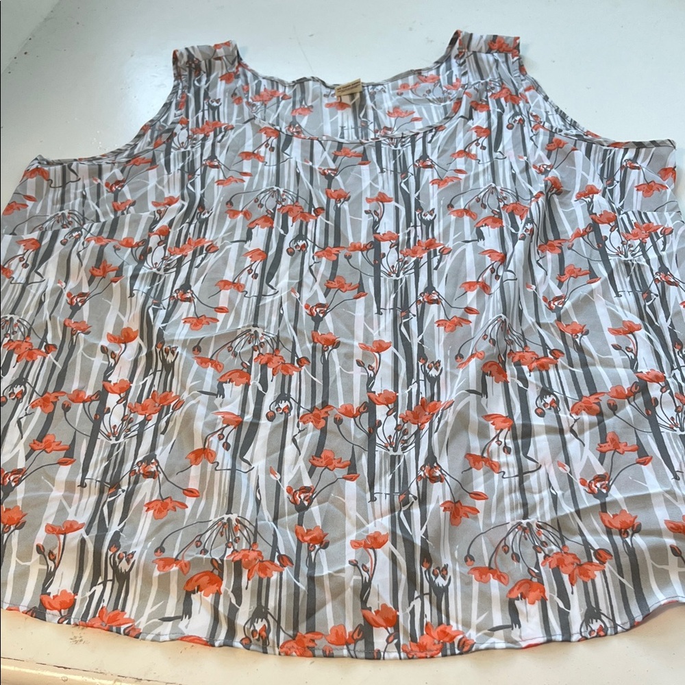Faded Glory 3X Gray White Striped Orange Floral Sheer Tank Top